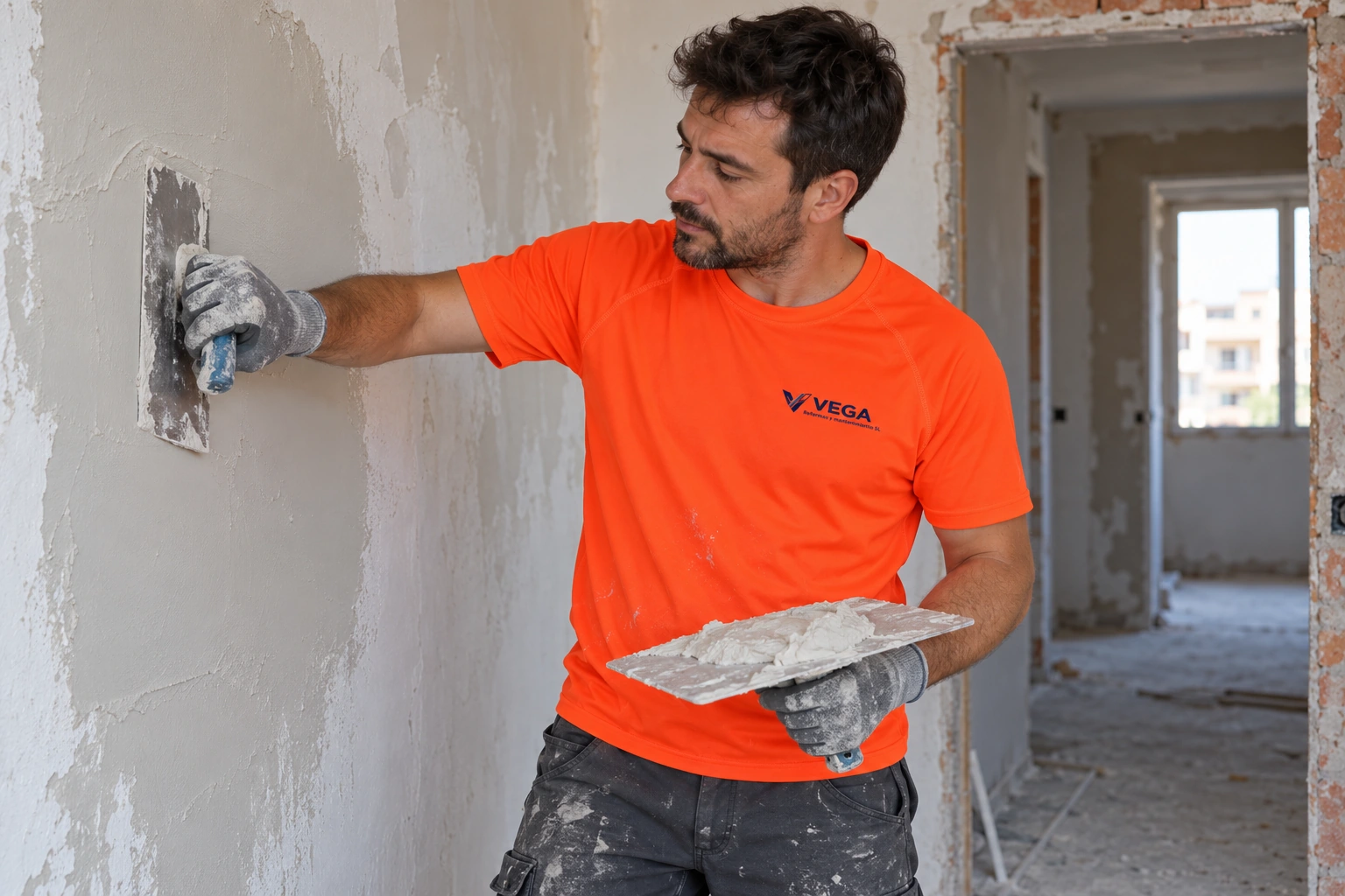 Alisado de una pared durante una reforma con camiseta naranja de VEGA