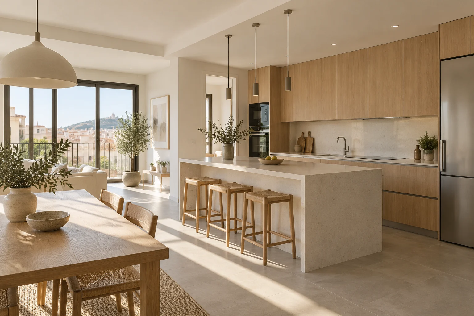 Cocina con isla clara, suelo cerámico y muebles de madera