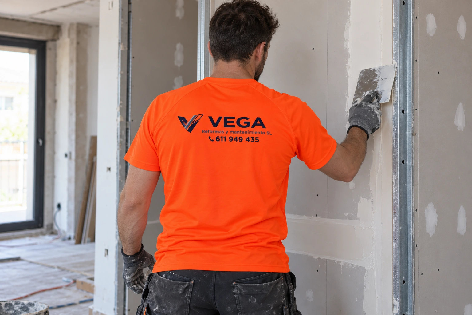 Acabado de una pared de pladur con camiseta naranja y logotipo trasero de VEGA